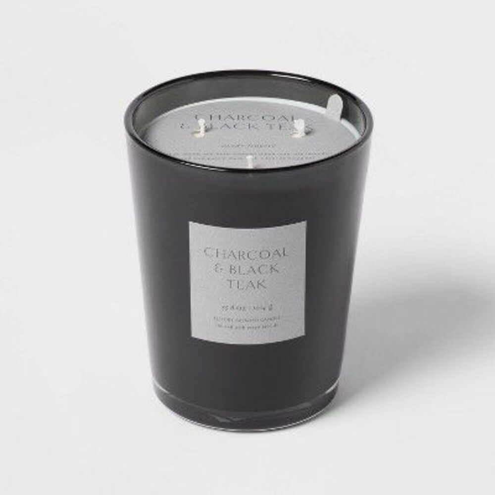 35oz Colored Vase Glass with Dustcover & Black Teak Candle Black - Threshold